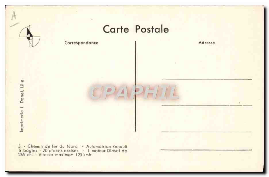 CPA Train Locomotive Chemin de fer du Nord Automotrice Renault  — Verso