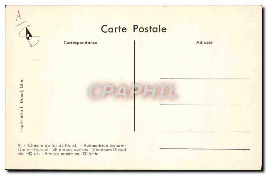 CPA Train Locomotive Chemin de fer du Nord Automotrice Baudet Donon Roussel — Verso