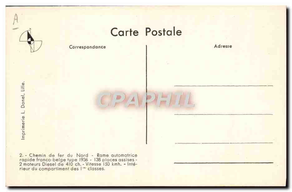 CPA Train Locomotive Chemin de fer du Nord Rame automotrice rapide franco belge type 1936 — Rückseite