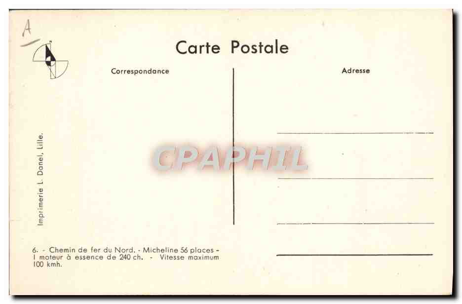 CPA Train Locomotive Chemin de fer du Nord Micheline 56 places — Verso