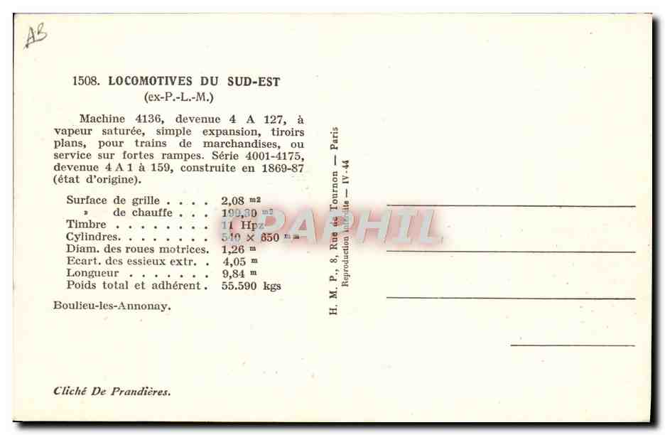 CPA Train Locomotive du Sud Est Machine 4136 — Verso
