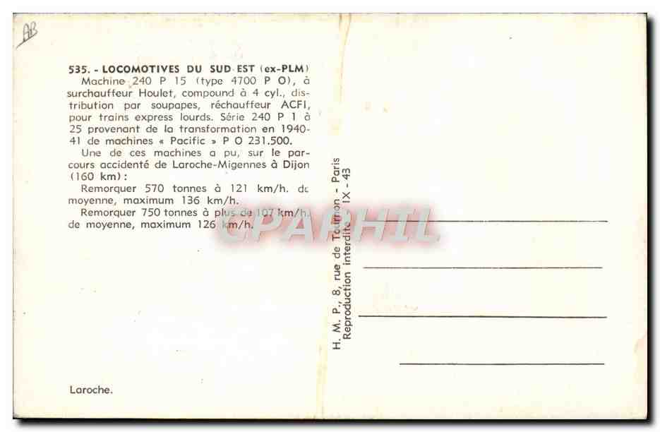 CPA Train Locomotive du Sud Est ex PLM Machine 240 P 15 — Verso