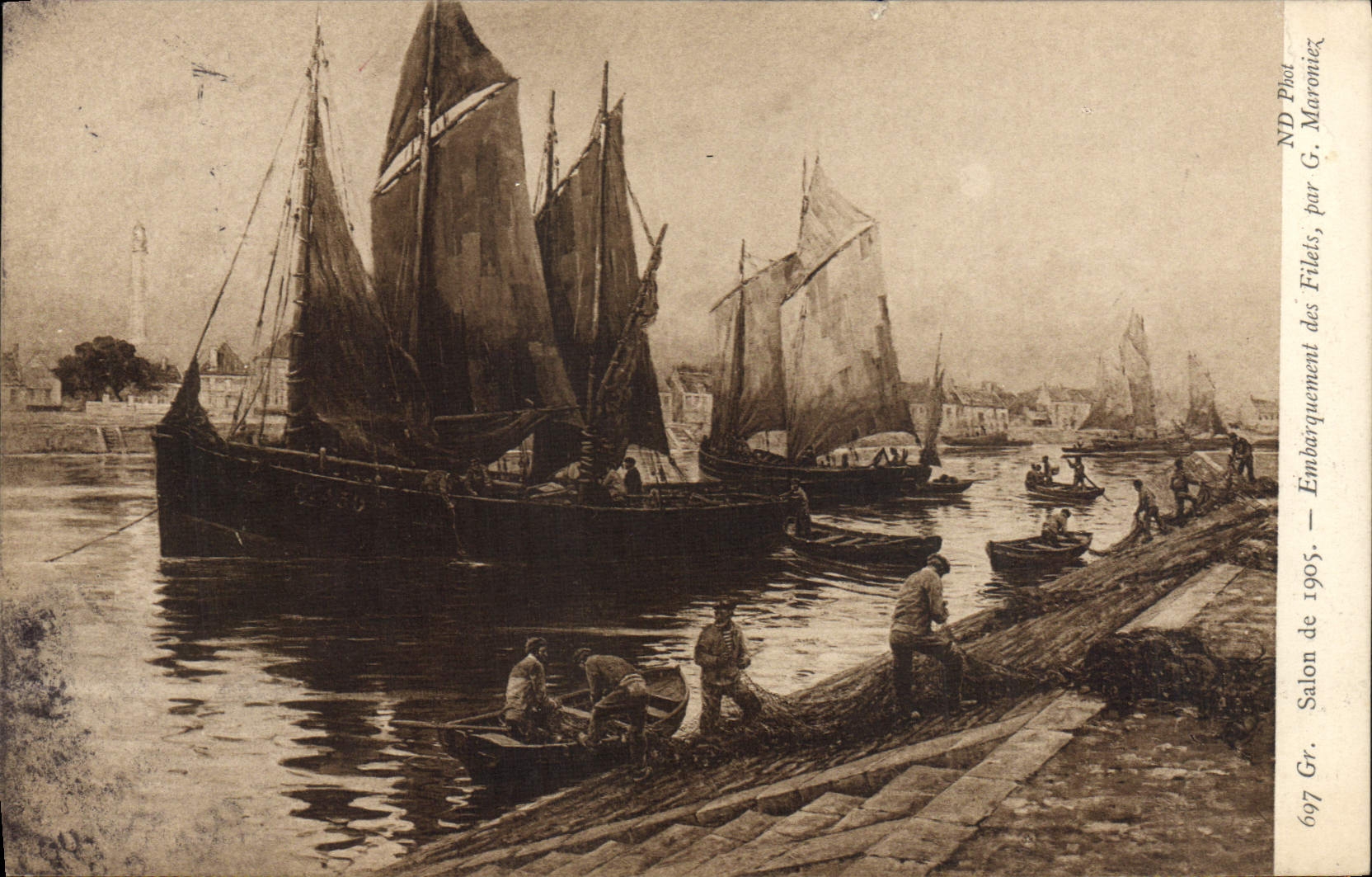 CPA Bateau Voilier Salon de 1905 Embarquement des filets par Maroniez