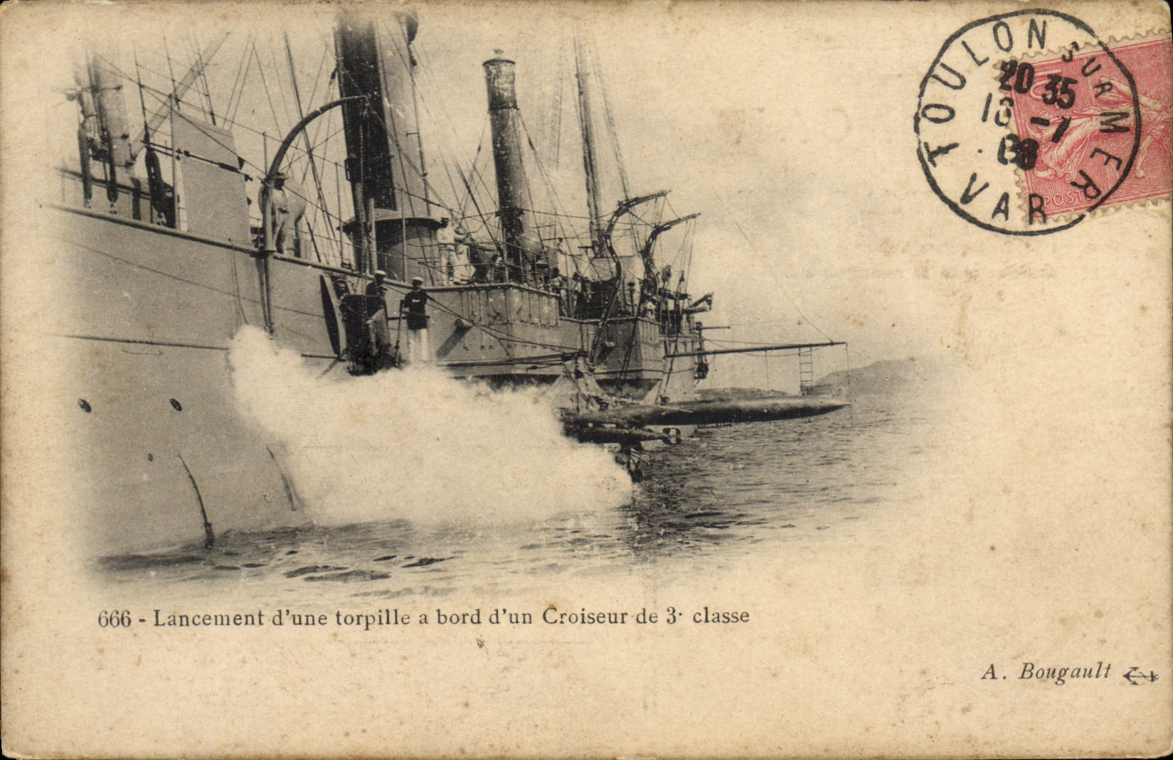 Lancement d'une torpille à bord d'un Croiseur de 3e classe — A. Bougault, n°666