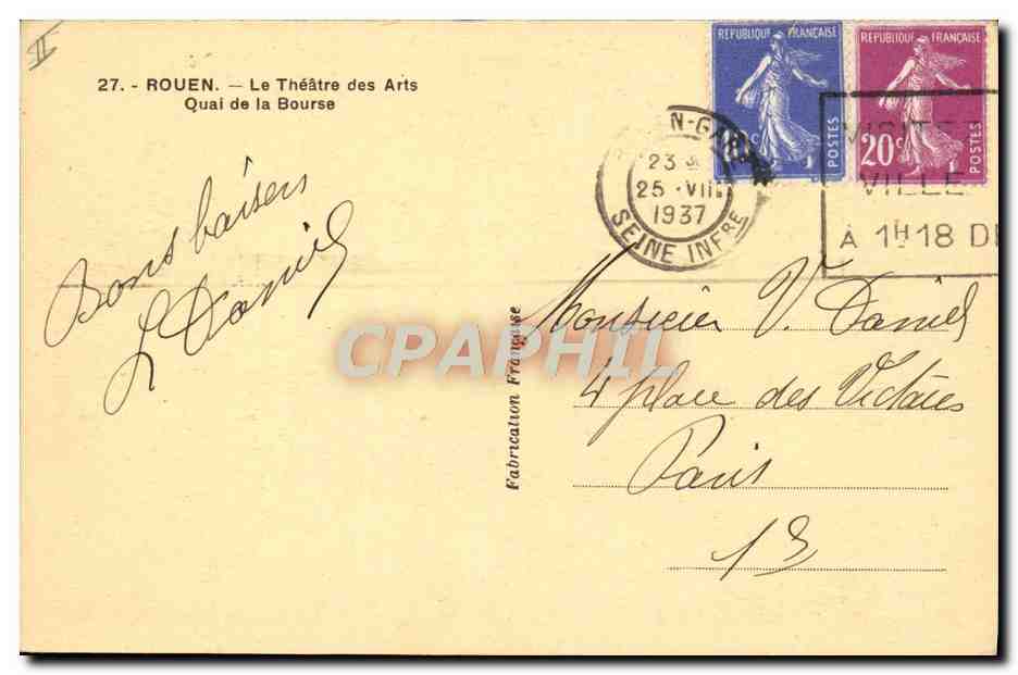 CPA Rouen Theatre des Arts Quai de la Bourse Tramway Grand Cafe Victor  — Verso