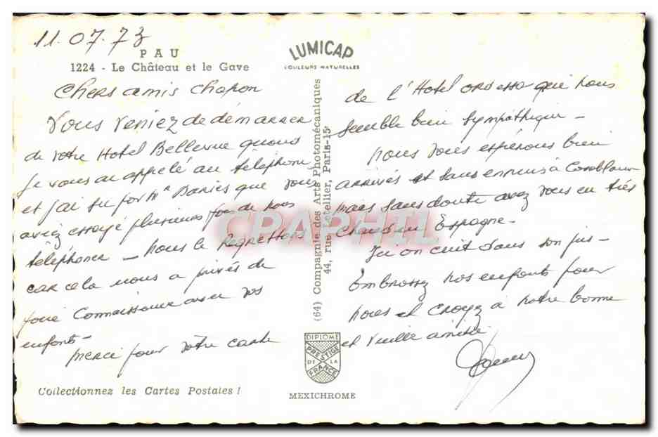 CPM Pau Le Chateau et le Gave — Verso