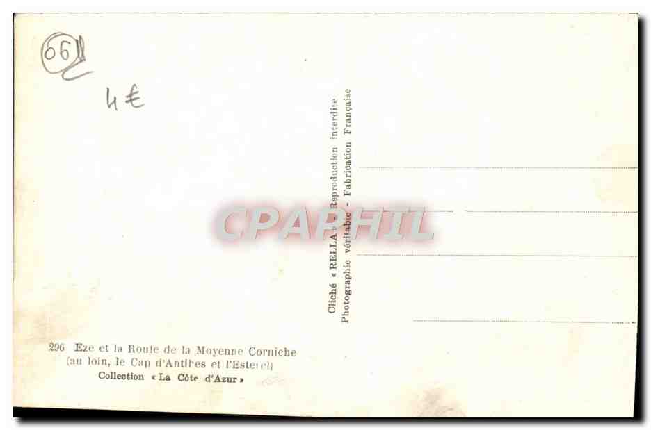 Eze et la Route de la Moyenne Corniche — (au loin, le Cap d'Antibes et l'Estérel) — Cliché Rella, n°296 — Verso