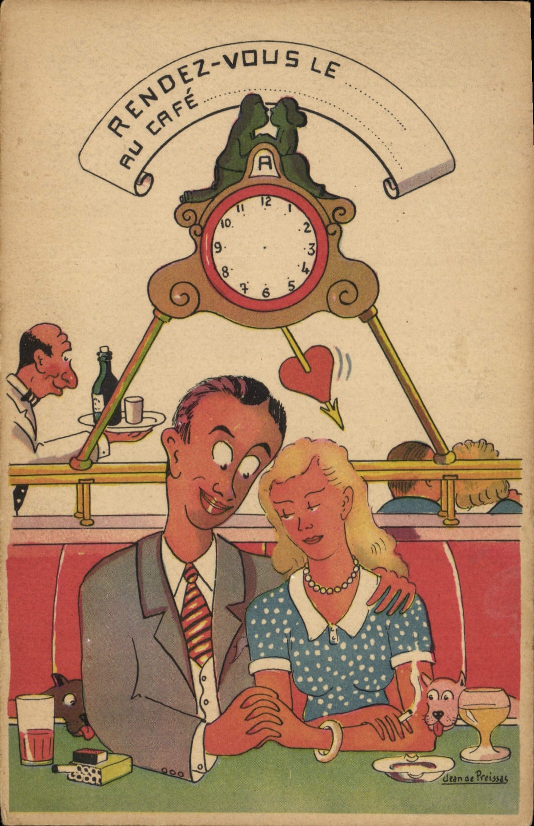 CPA Couple CAfe Illustrateur Jean de Preissac Cigarette Tabac
