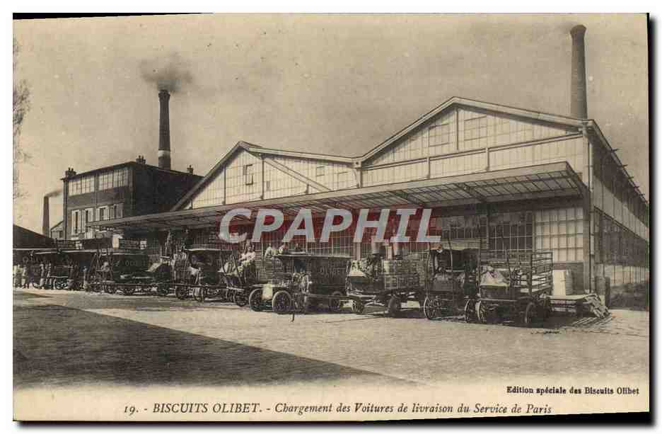 CPA Biscuits Olibet Chargement de voitures de livraison du service de Paris 