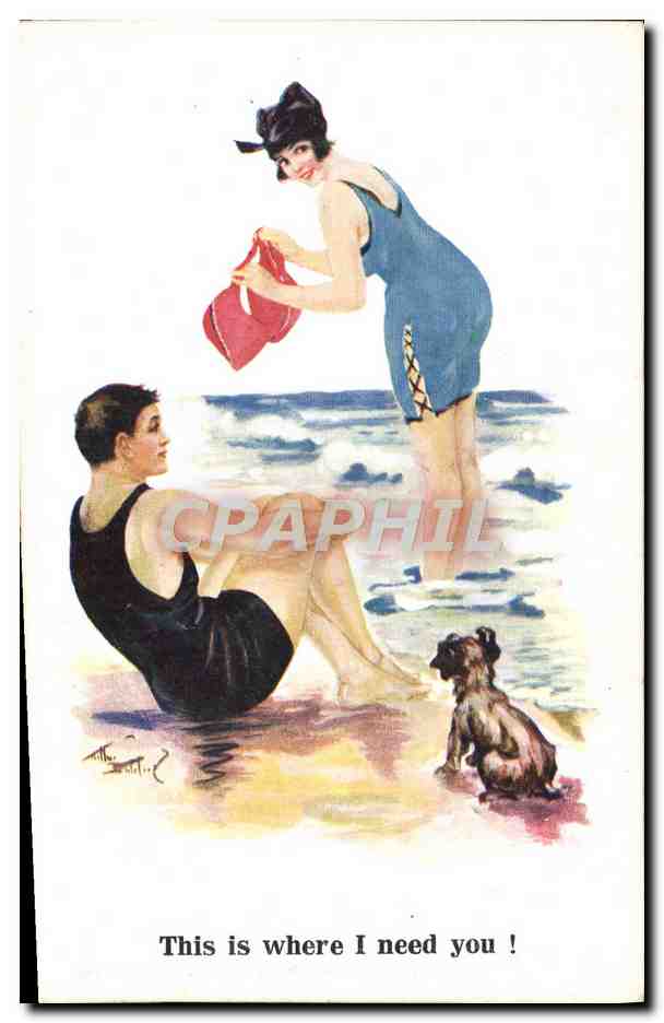 CPA Illustrateur Femme Maillot de bain Chien
