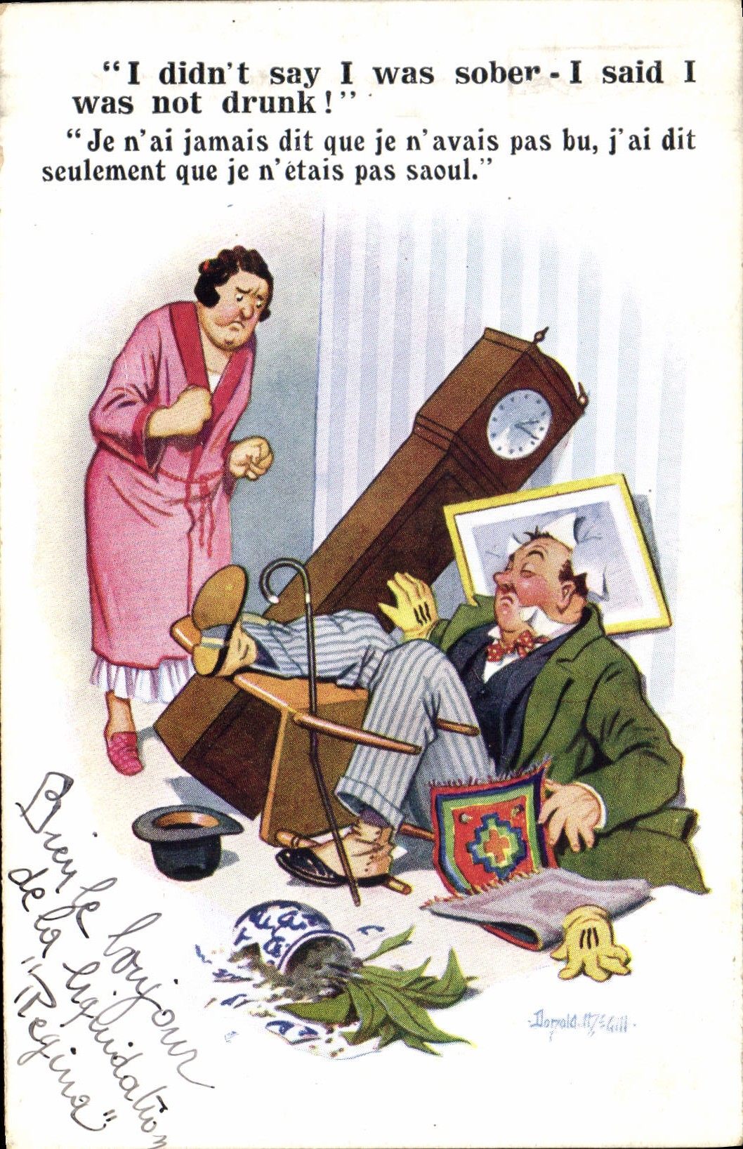 CPA Illustrateur Donald McGill Horloge