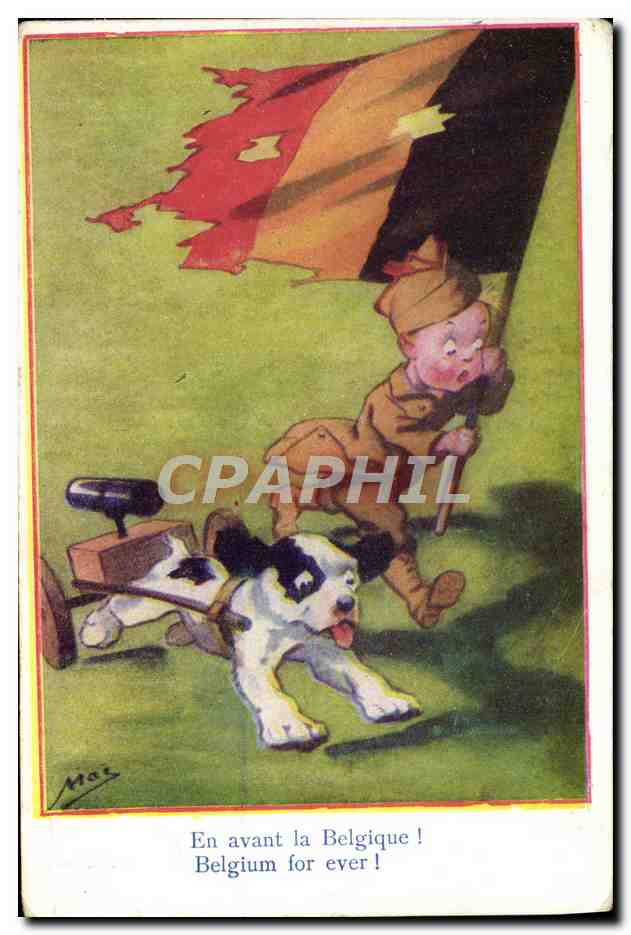 CPA Illustrateur Enfant Militaria Chien En avant la Belgique