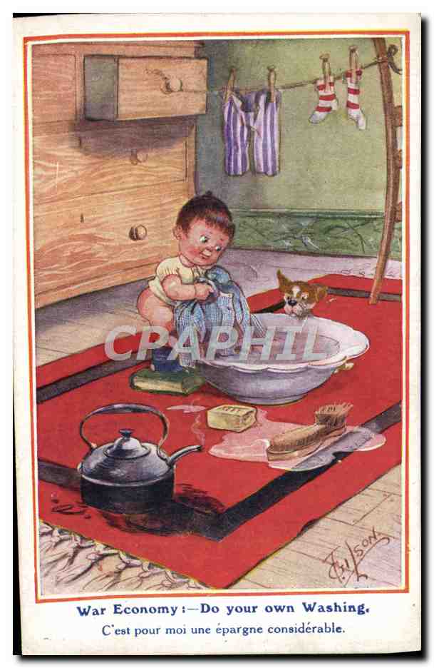 CPA Illustrateur Enfant Bain Chien Gilson 