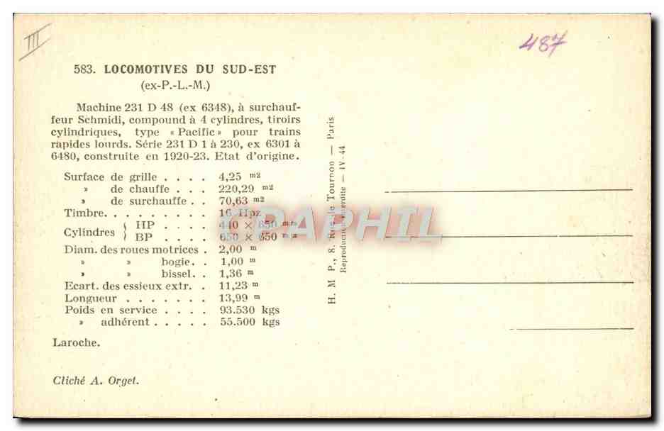 CPA Train Locomotive du Sud Est Machine 231 D48  — Rückseite