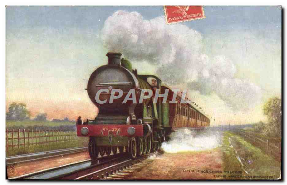 CPA Train Locomotive QNR Kings Cross to Leeds Taking water near Concaster 