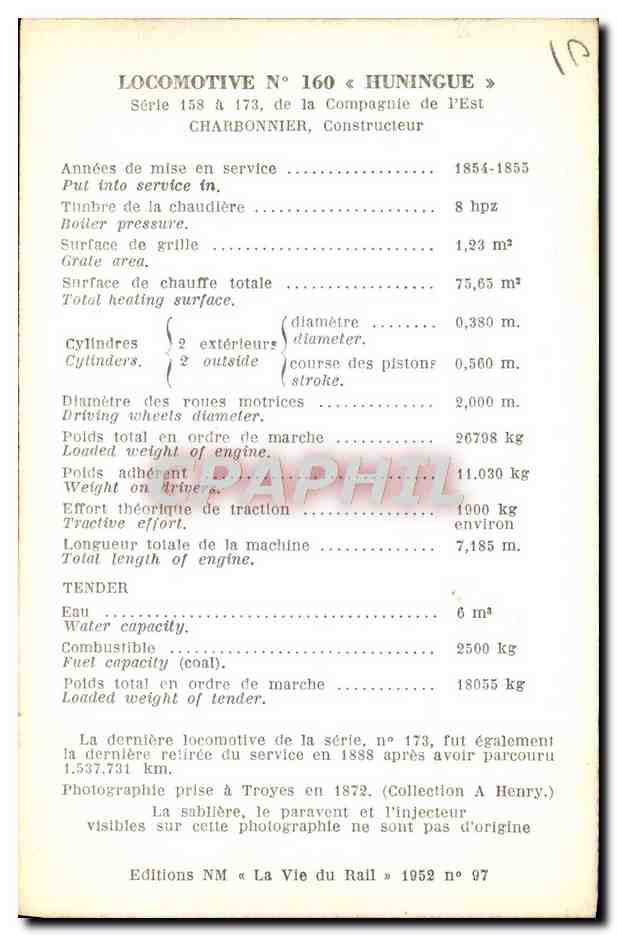 CPA Train Locomotive 160 Huningue SErie 158 a 17 de la Compagnie de l'Est — Verso