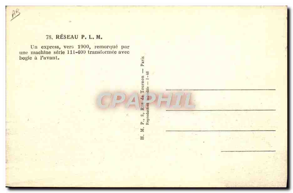CPA Train Locomotive Reseau PLM Express SErie 111 400 — Rückseite