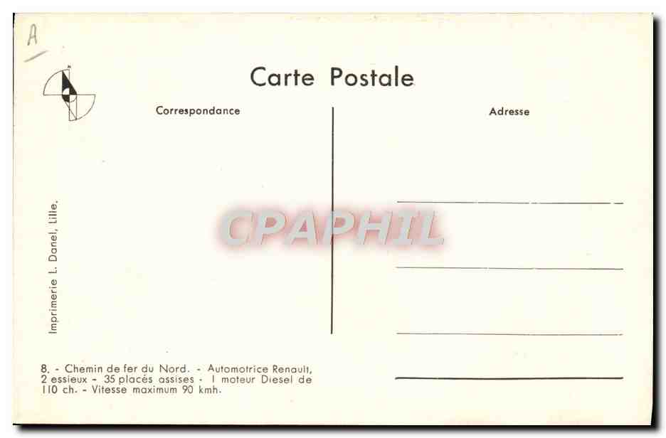 CPA Train Locomotive Chemin de fer du Nord Automotrice Renault  — Rückseite