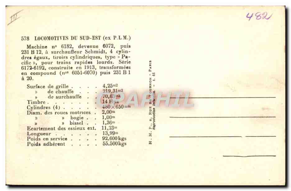 CPA Train Locomotive du Sud Est ex PLM Machine 6182 — Rückseite