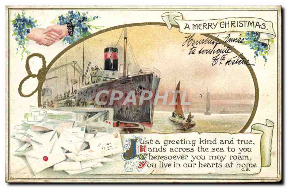 Navire à quai — carte de vœux de Noël — éditeur non identifié