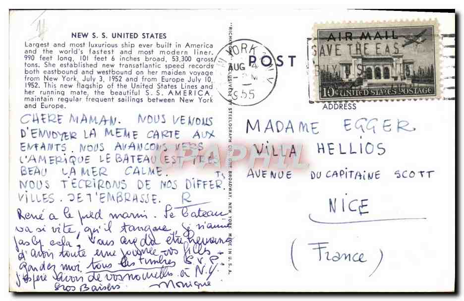 S.S. UNITED STATES — plus grand et plus luxueux paquebot américain — éditeur non visible — Verso