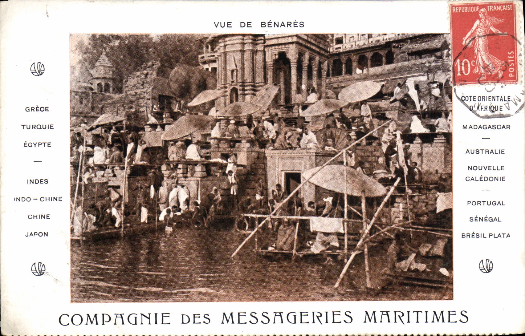 Vue de Bénarès — Compagnie des Messageries Maritimes — éditeur D'VANBEEZ, Grav. Éditeur