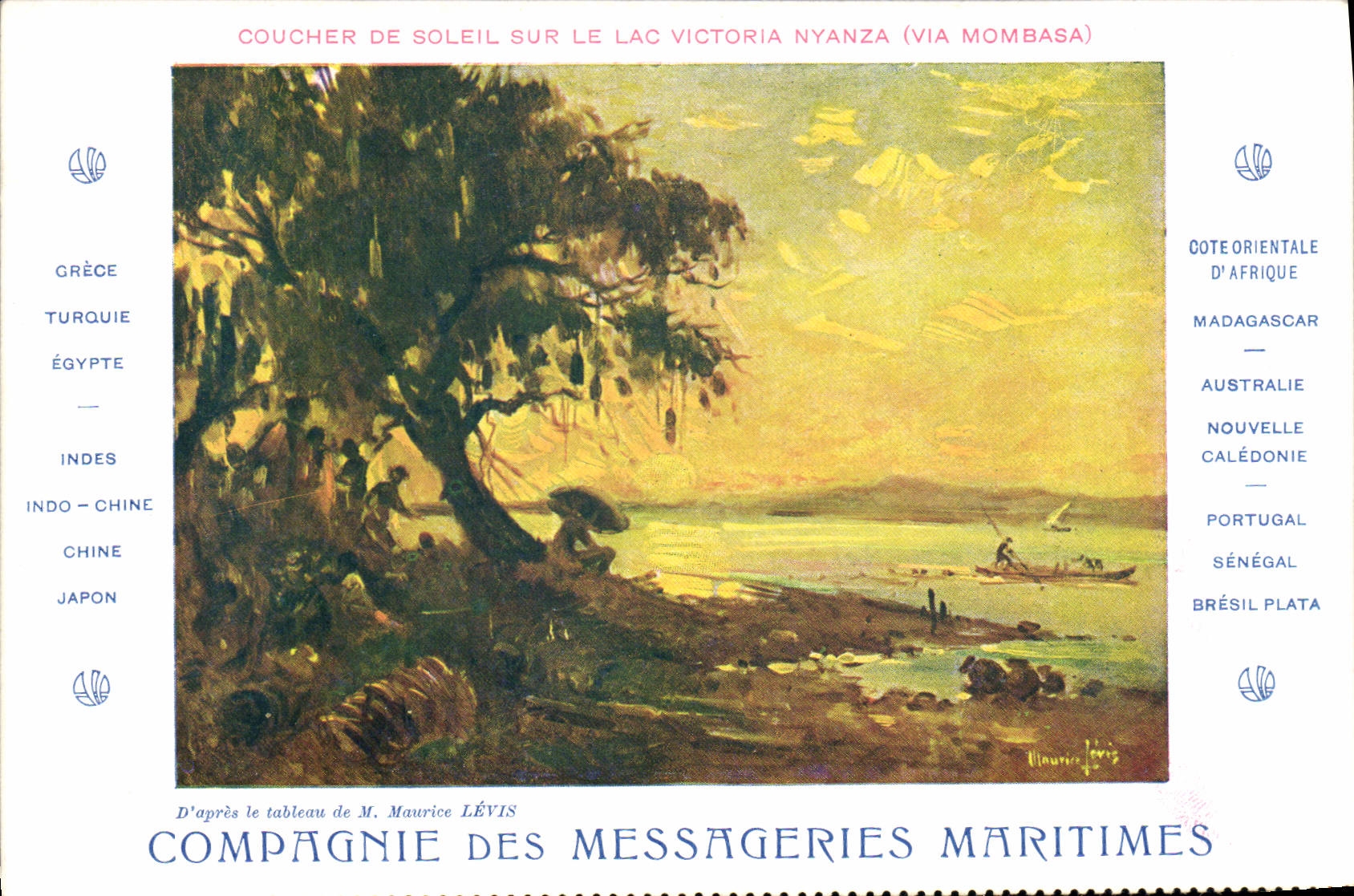 Coucher de soleil sur le lac Victoria Nyanza (via Mombasa) — D'après le tableau de M. Maurice Lévis — Compagnie des Messageries Maritimes