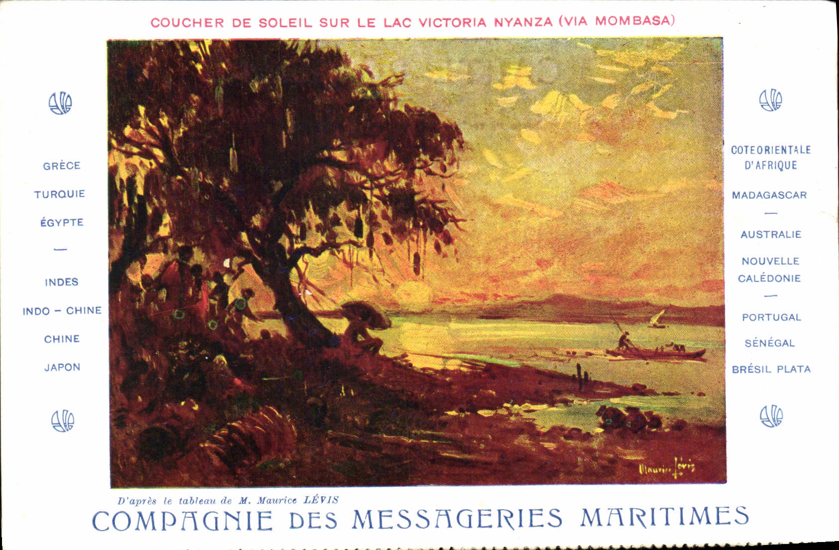 Coucher de soleil sur le lac Victoria Nyanza (via Mombasa) — D'après le tableau de M. Maurice Lévis — Compagnie des Messageries Maritimes