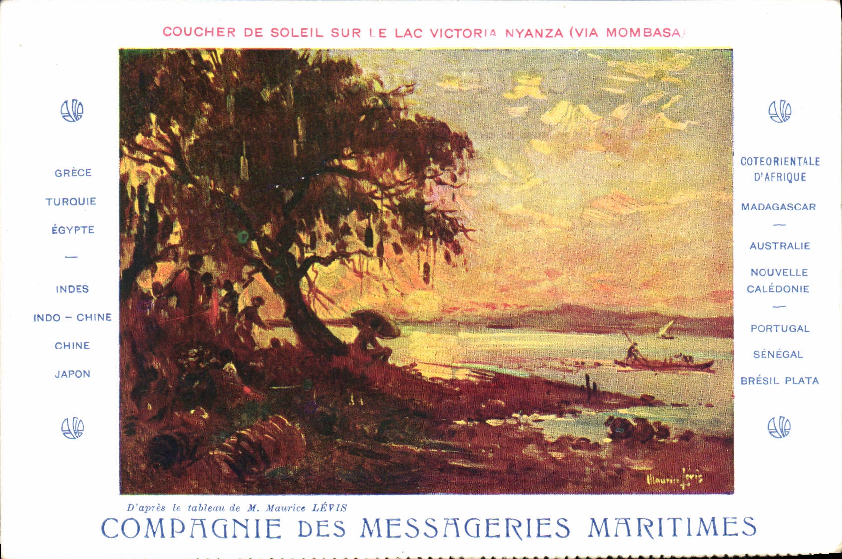 Coucher de soleil sur le lac Victoria Nyanza (via Mombasa) — illustration d'après M. Maurice Lévis — Compagnie des Messageries Maritimes