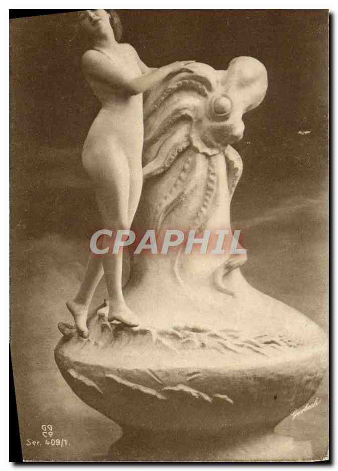 Sculpture d'une femme nue sur un octopus — série 409/1 — éditeur G. Pichard
