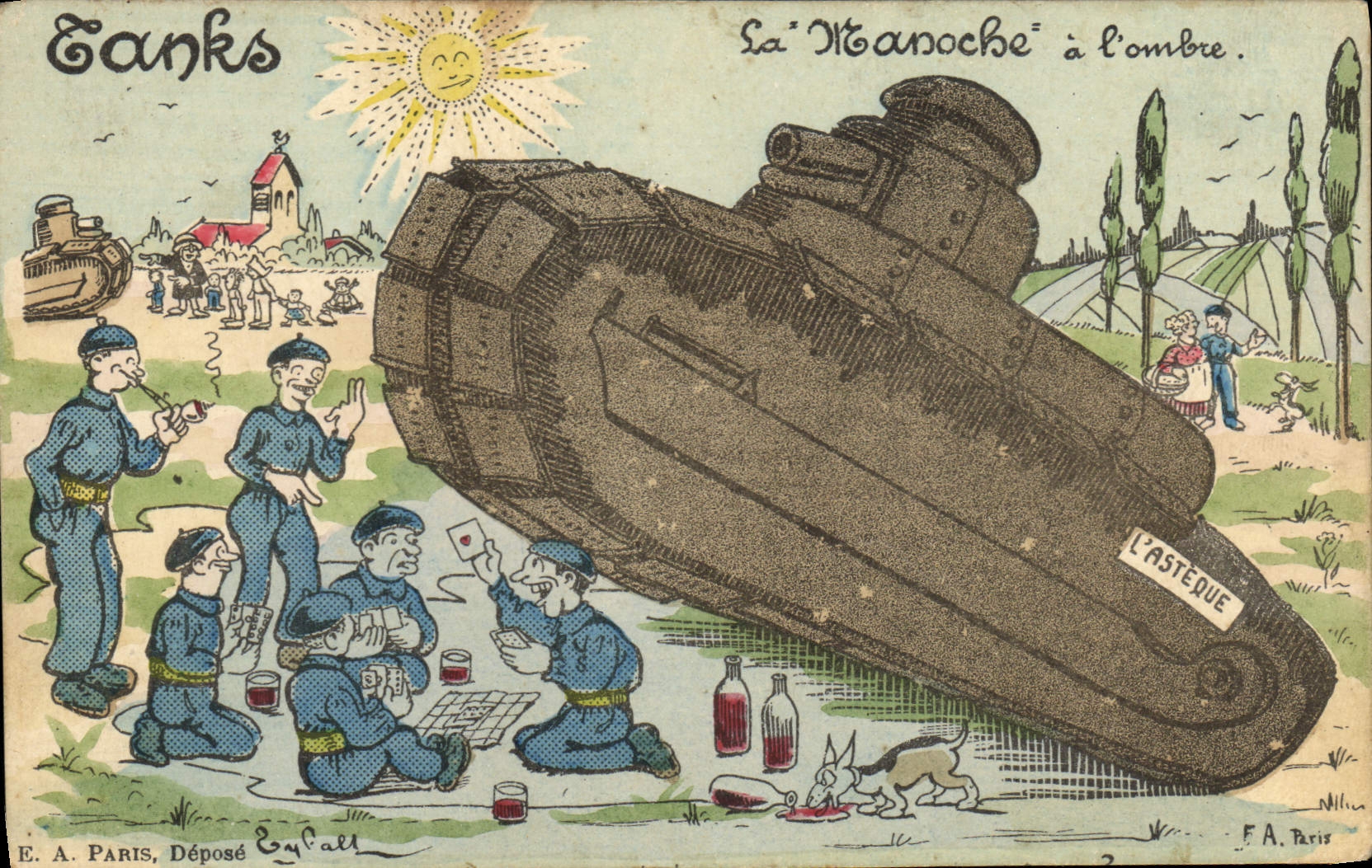 Soldados franceses jugando a las cartas junto a un tanque volcado — E. A. Paris, Déposé Cypall
