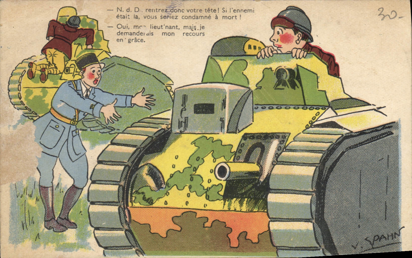 Kriegsszene mit Panzer — Karikatur — V. Spahn, Serie C.C. 607
