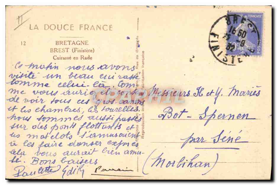 CPA Bateau Guerre Brest Cuirasse en rade — Verso