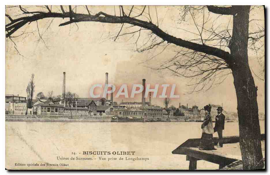 CPA Biscuits Olibet Usines de Suresnes Vue prise de Longchamps