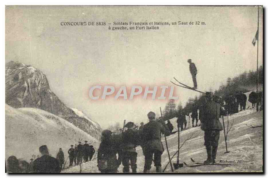 Concorso di sci — Soldati francesi e italiani, un salto di 32 m. — Richaud, editore