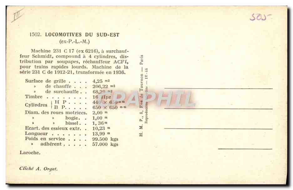 CPA Train Locomotive Machine 231 C 17 — Verso