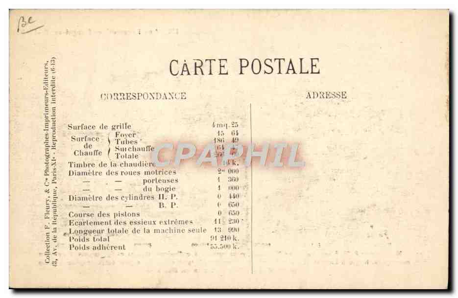 CPA Train Locomotive Machine 6013 — Verso