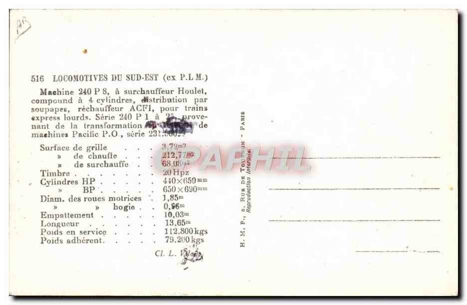 CPA Train Locomotive du Sud Est machine 240 P 8 — Verso