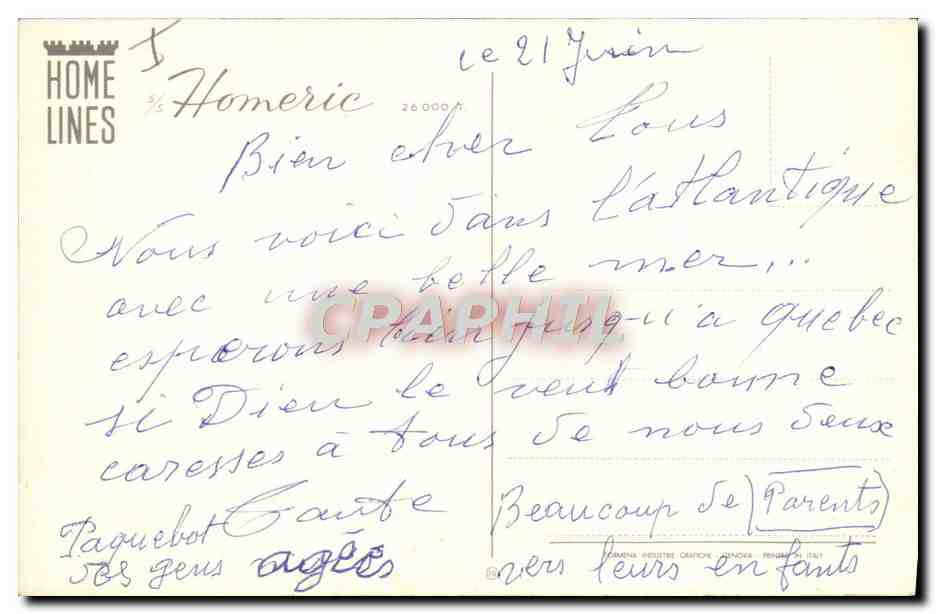 Le paquebot Homerique — Home Lines — n° 26 000 — Verso