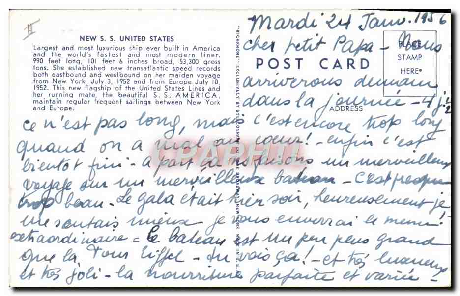 S.S. UNITED STATES — plus grand et plus luxueux paquebot américain — éditeur STUDIOGRONE — Verso