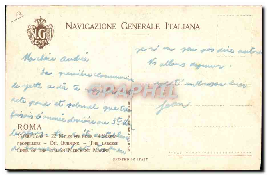 Le paquebot ROFIA — Navigazione Generale Italiana — Imprimé en Italie — Achterkant