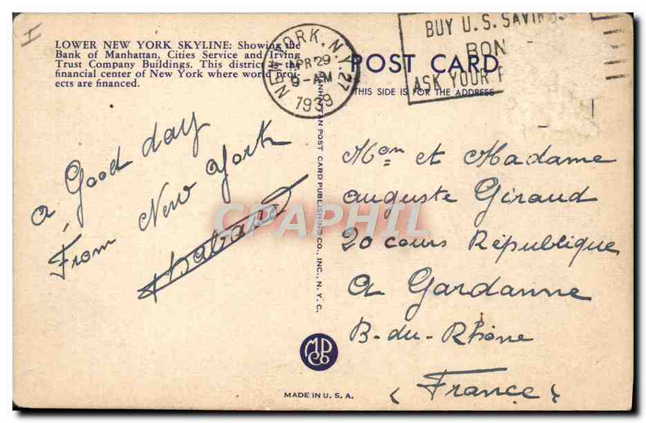 CPA Bateau Lower New York  — Back