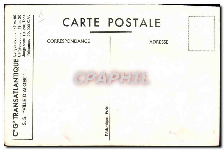 CPA Bateau Ville d'Alger Cie Gle Transatlantique — Reverso