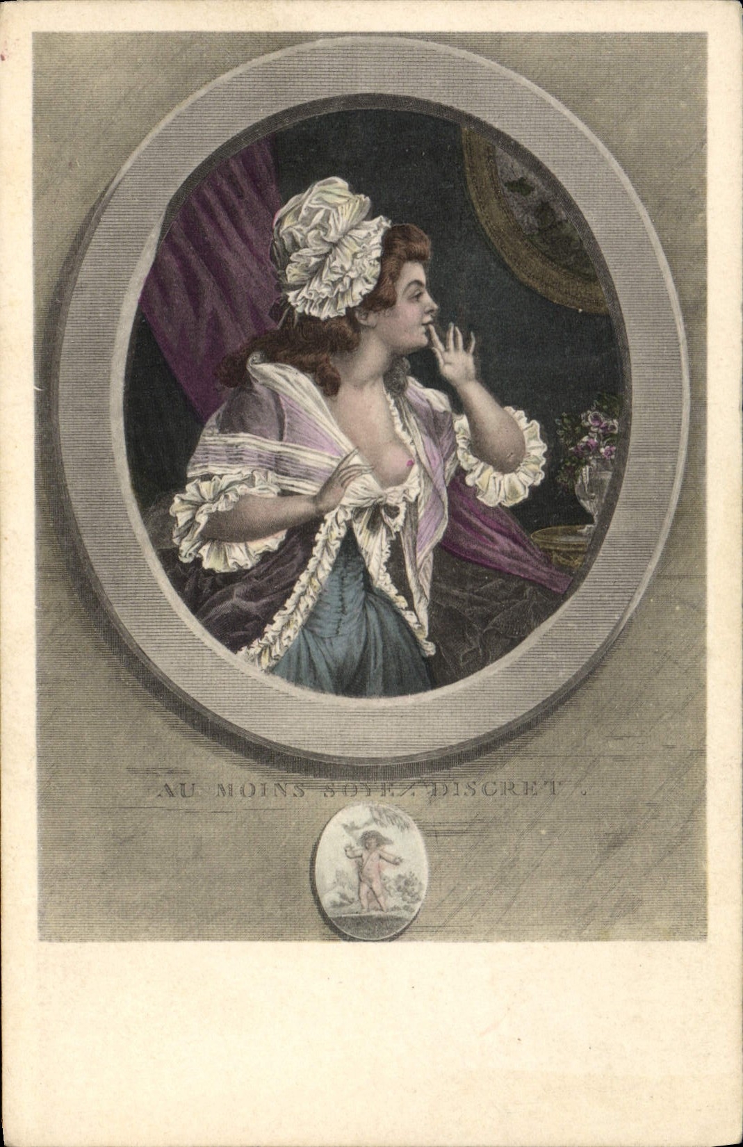 Femme en robe de style rococo — au moins soyez discret — éditeur TAW-Paris, n° 1709
