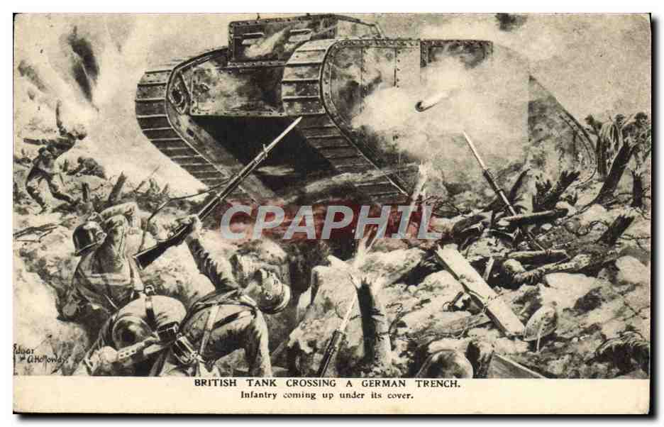 CPA Militaria Tank British tank croissing a German Trench 