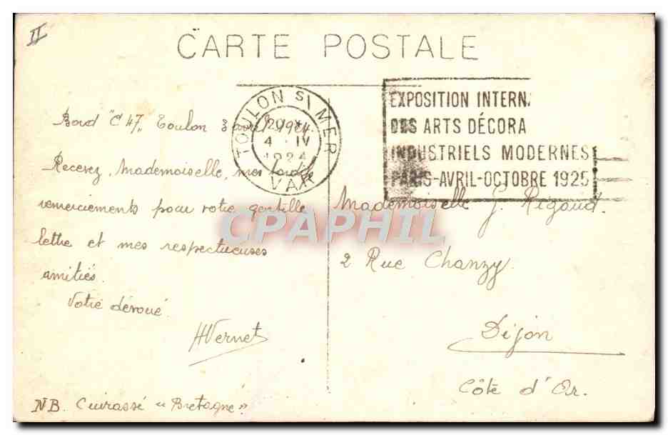 CPA Bateau Guerre Cuirasse Bretagne — Verso