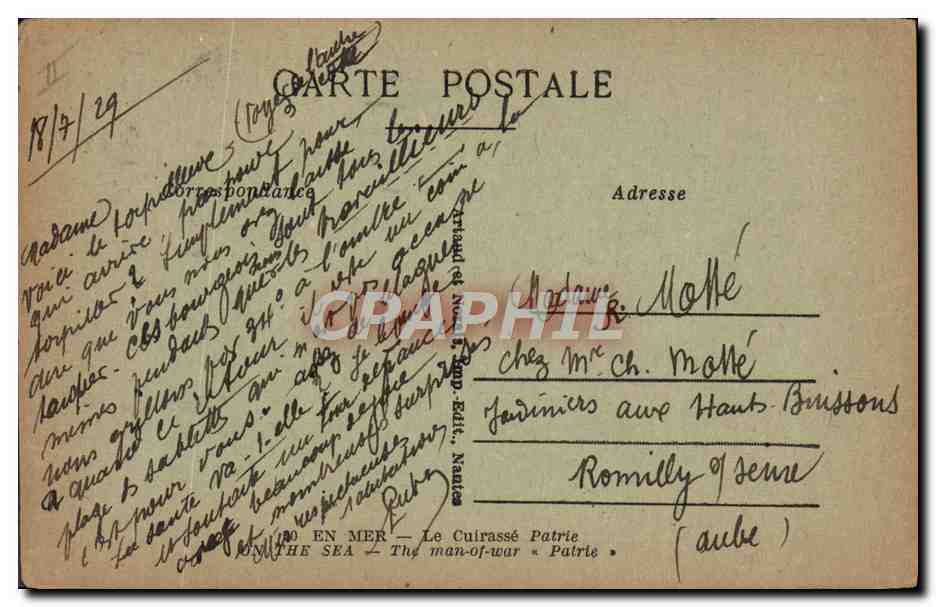 CPA Bateau Guerre Cuirasse Patrie — Verso