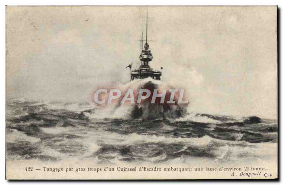 CPA Bateau Guerre Tangage par gros temps d'un cuirasse d'escadre 