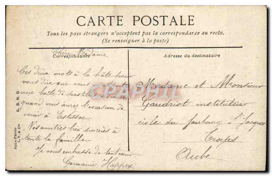 Fontainebleau — le Palais, la Cour des Adieux — éditeur G.B.N.G. n°15 — Verso