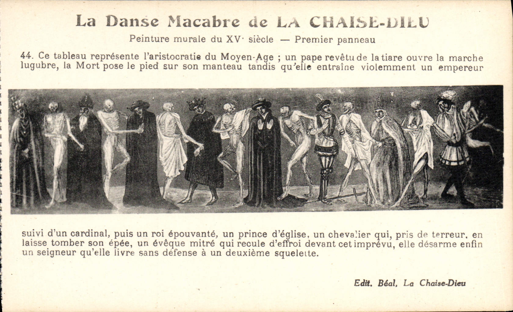 La Danse Macabre de LA CHAISE-DIEU — Peinture murale du XVᵉ siècle — Premier panneau — Edit. Béal, La Chaise-Dieu